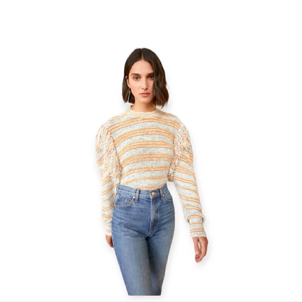Ulla Johnson Arquette Fringed Striped Cotton-Blend‎ Pullover Sweater in Bergamot